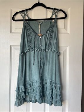 POL Ruffled Tiered Button-Front Sundress in Dusty Teal